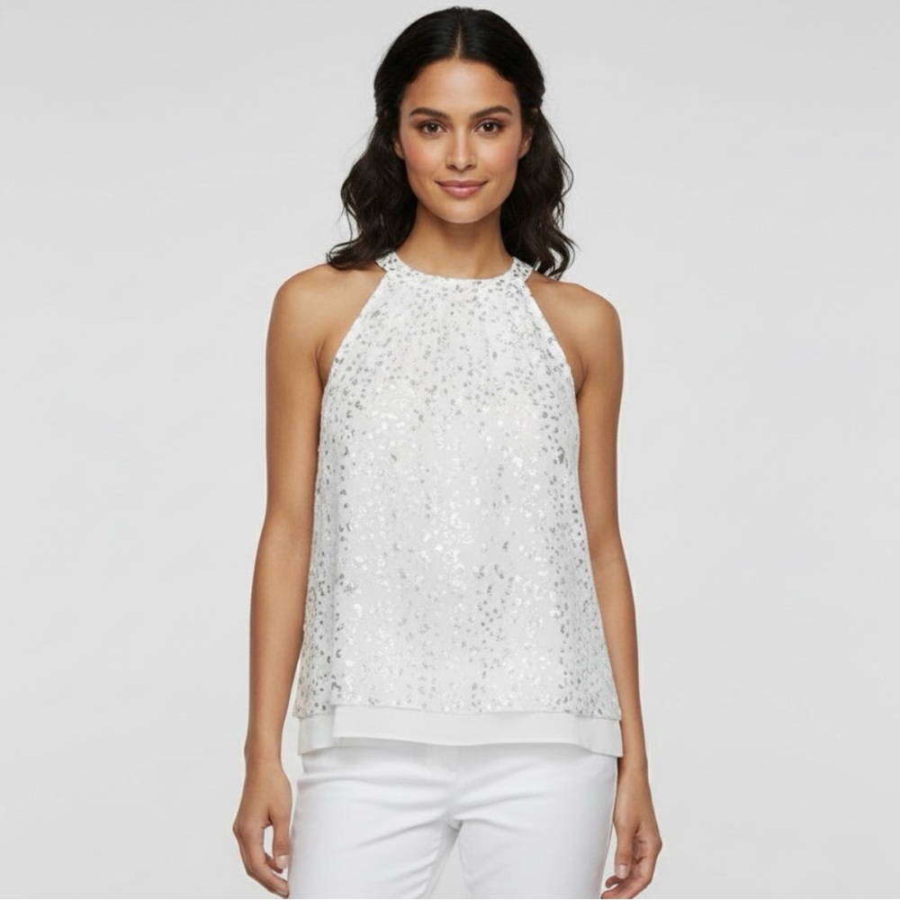 NWT Diane Von Furstenberg Silk chiffon White Silver Foil Blouse Size 0